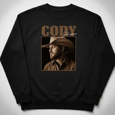 Vintage sepia print of Cody Johnson's name in brown and cream shades — printed on a unisex sweatshirt