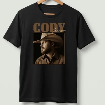 Vintage sepia print of Cody Johnson's name in brown and cream shades
