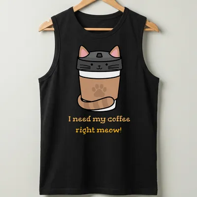 Cute cartoon cat peeking from a coffee cup with funny text about coffee. — printed on a tank top