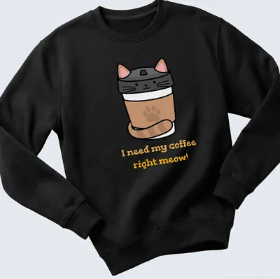 Cute cartoon cat peeking from a coffee cup with funny text about coffee. — printed on a unisex sweatshirt