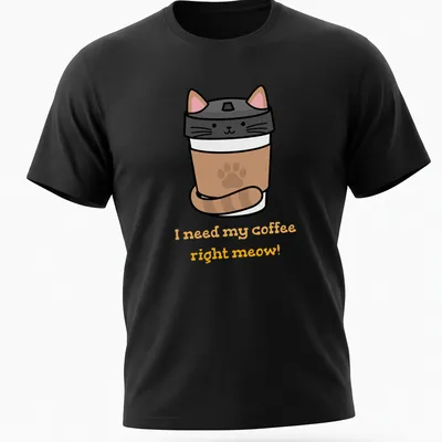 Cute cartoon cat peeking from a coffee cup with funny text about coffee.