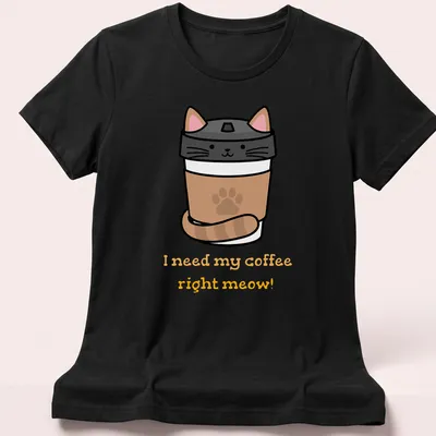 Cute cartoon cat peeking from a coffee cup with funny text about coffee. — printed on a women's shirt