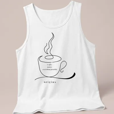 Minimalist line art t-shirt featuring a coffee cup and the phrase about coffee's possibilities — printed on a tank top