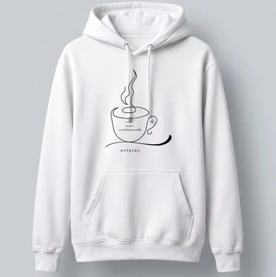 Minimalist line art t-shirt featuring a coffee cup and the phrase about coffee's possibilities — printed on a unisex hoodie