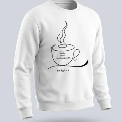 Minimalist line art t-shirt featuring a coffee cup and the phrase about coffee's possibilities — printed on a unisex sweatshirt