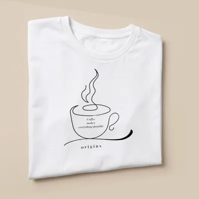 Minimalist line art t-shirt featuring a coffee cup and the phrase about coffee's possibilities — printed on a unisex t-shirt (angled view)