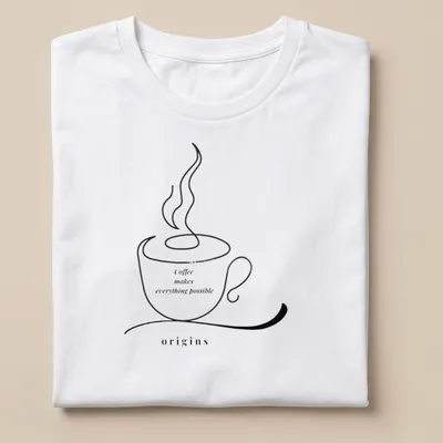 Minimalist line art t-shirt featuring a coffee cup and the phrase about coffee's possibilities