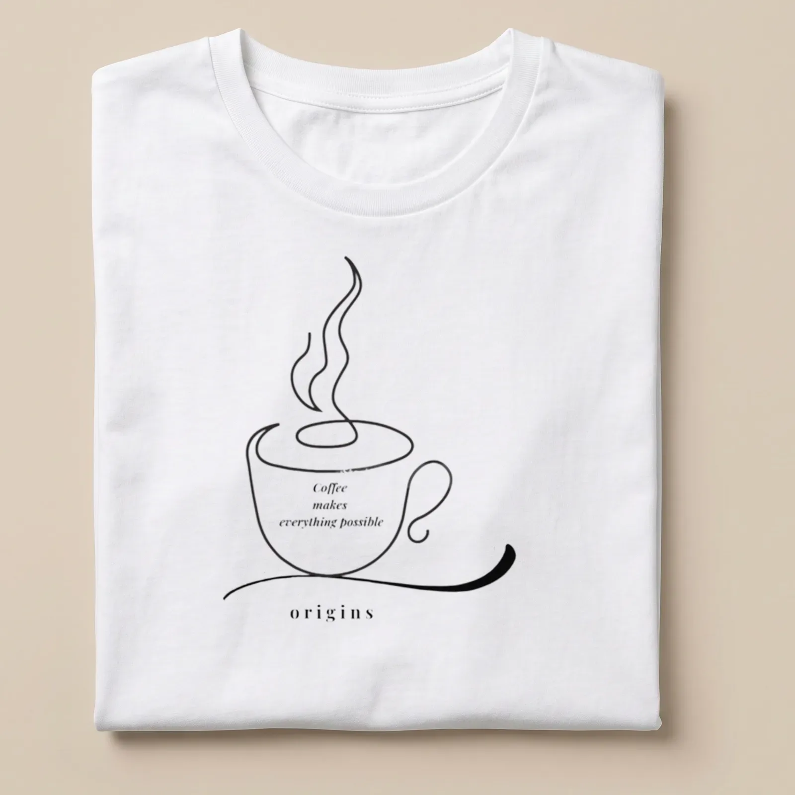 Minimalist line art t-shirt featuring a coffee cup and the phrase about coffee's possibilities — printed on a unisex t-shirt