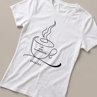 Minimalist line art t-shirt featuring a coffee cup and the phrase about coffee's possibilities — printed on a women's shirt