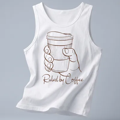 Line art of a hand holding a coffee cup with text 'Ruled by Coffee' in brown and white — printed on a tank top