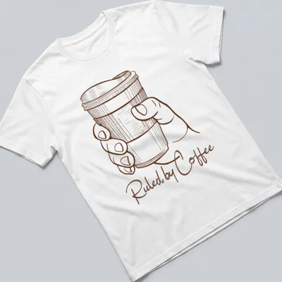 Line art of a hand holding a coffee cup with text 'Ruled by Coffee' in brown and white