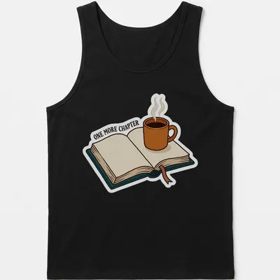 Cartoon design featuring a coffee mug and open book with the text 'ONE MORE CHAPTER' — printed on a tank top