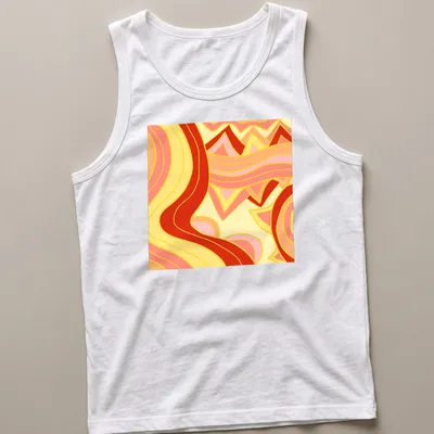 Abstract waves in vibrant colors of yellow, pink, red, and orange — printed on a tank top