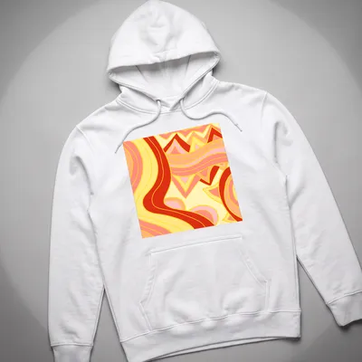 Abstract waves in vibrant colors of yellow, pink, red, and orange — printed on a unisex hoodie