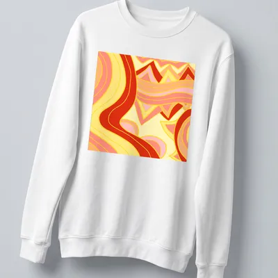 Abstract waves in vibrant colors of yellow, pink, red, and orange — printed on a unisex sweatshirt