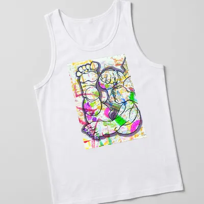 Colorful abstract illustration of feet and hands in vibrant palette. — printed on a tank top