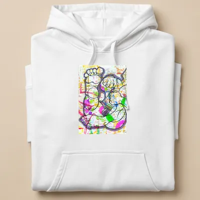 Colorful abstract illustration of feet and hands in vibrant palette. — printed on a unisex hoodie
