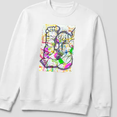 Colorful abstract illustration of feet and hands in vibrant palette. — printed on a unisex sweatshirt