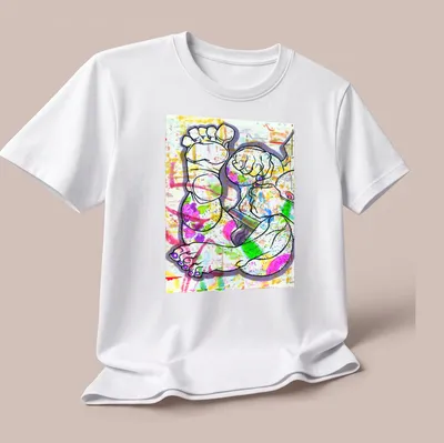 Colorful abstract illustration of feet and hands in vibrant palette. — printed on a unisex t-shirt (angled view)