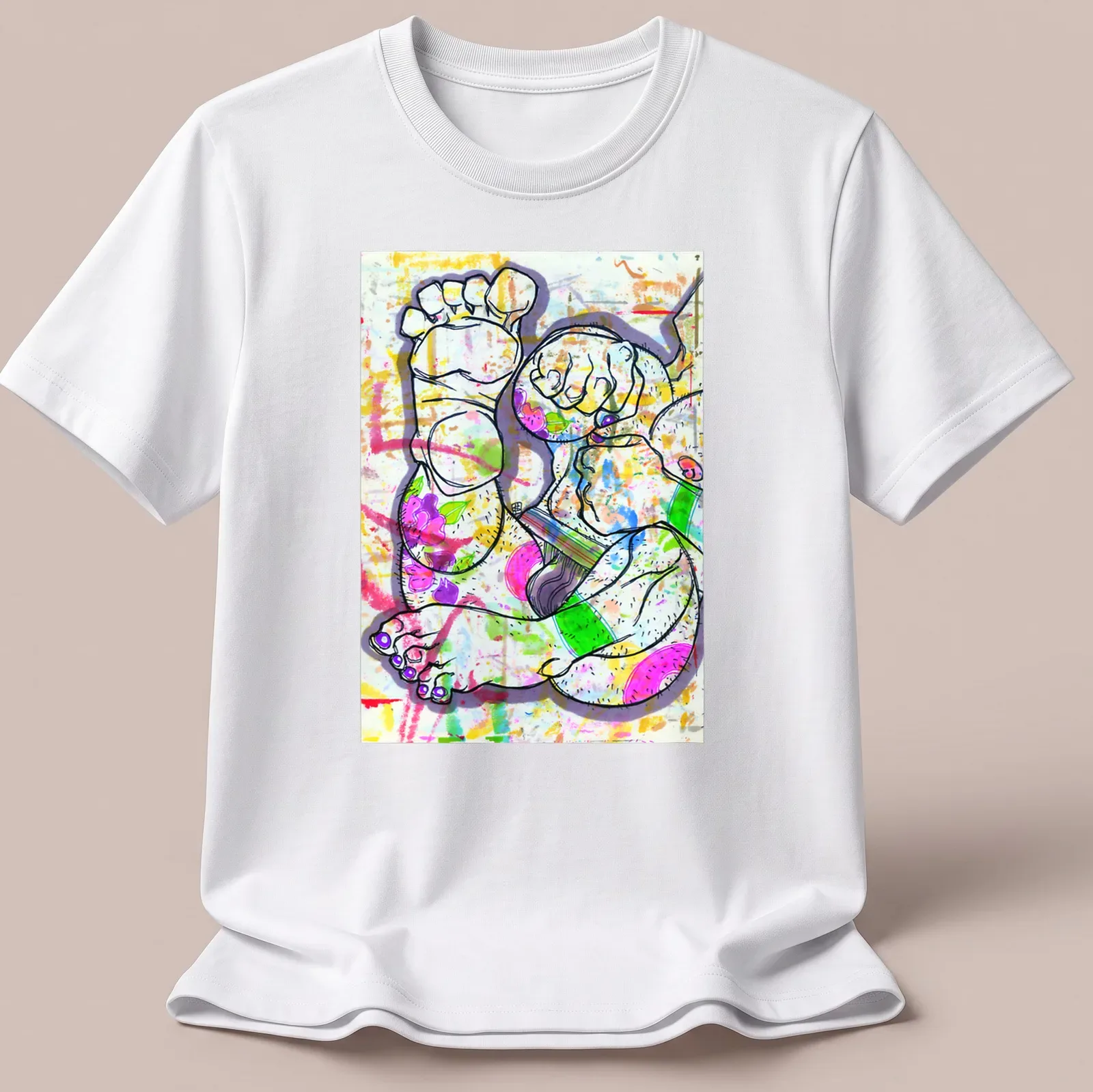 Colorful abstract illustration of feet and hands in vibrant palette. — printed on a unisex t-shirt