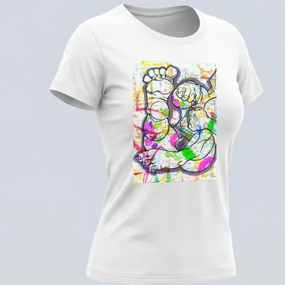 Colorful abstract illustration of feet and hands in vibrant palette. — printed on a women's shirt
