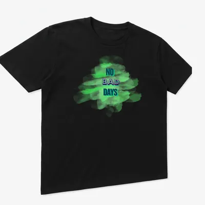 Colorful paint splatter design with the text No Bad Days in an artistic font — printed on a unisex t-shirt (angled view)