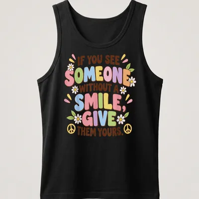 Colorful text design with flowers and peace signs on a playful — printed on a tank top