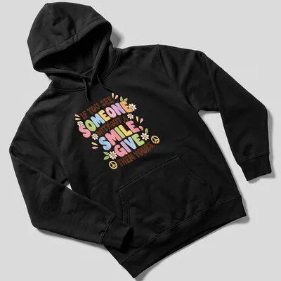 Colorful text design with flowers and peace signs on a playful — printed on a unisex hoodie
