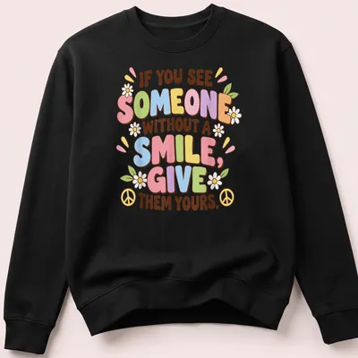 Colorful text design with flowers and peace signs on a playful — printed on a unisex sweatshirt