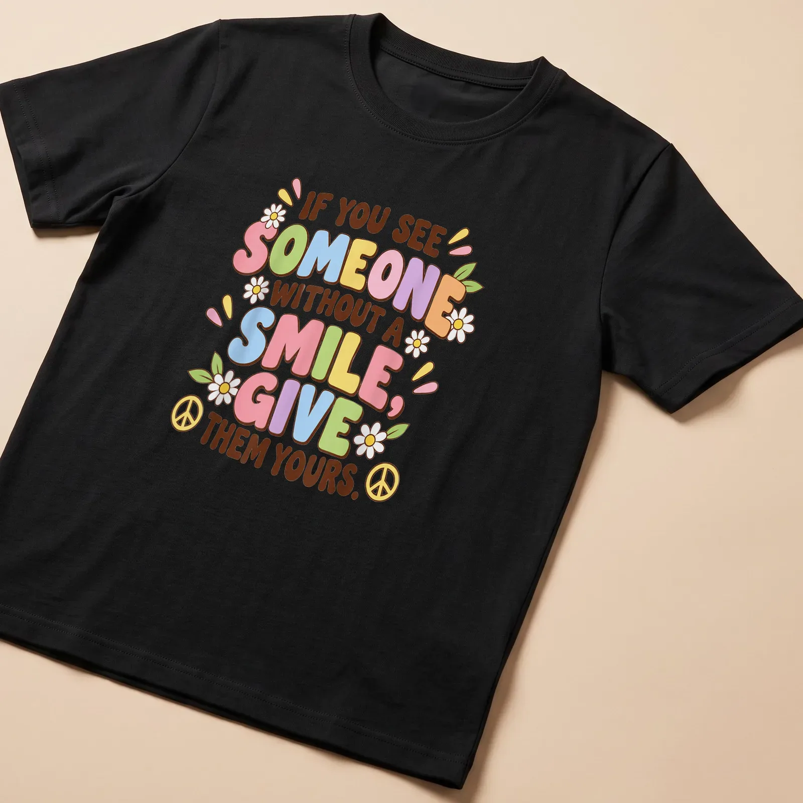 Colorful text design with flowers and peace signs on a playful — printed on a unisex t-shirt