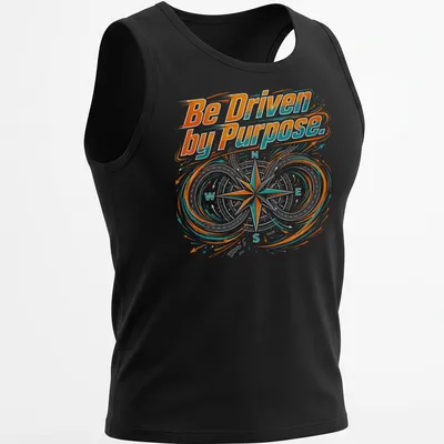 Dynamic modern compass graphic with printed text Be Driven by Purpose. — printed on a tank top