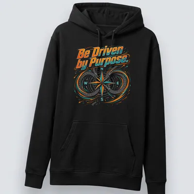 Dynamic modern compass graphic with printed text Be Driven by Purpose. — printed on a unisex hoodie