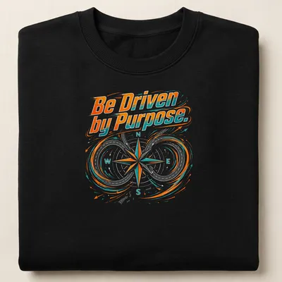 Dynamic modern compass graphic with printed text Be Driven by Purpose. — printed on a unisex sweatshirt
