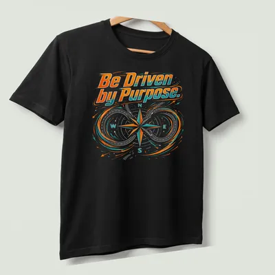 Dynamic modern compass graphic with printed text Be Driven by Purpose. — printed on a unisex t-shirt (angled view)