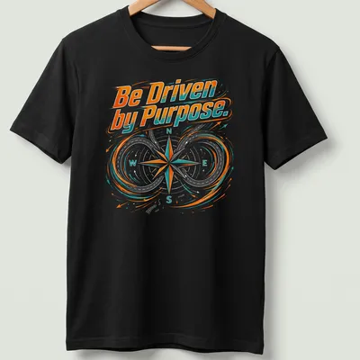 Dynamic modern compass graphic with printed text Be Driven by Purpose.
