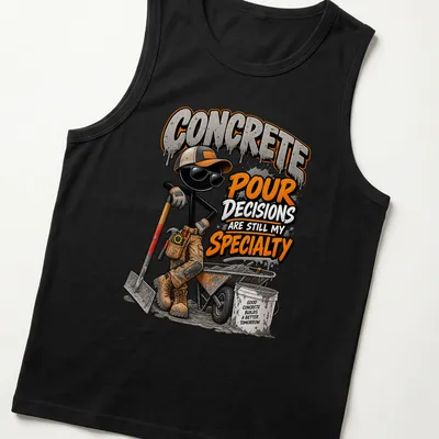 Cartoon of a concrete worker with playful text about concrete pouring decisions — printed on a tank top