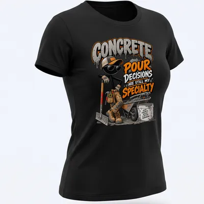 Cartoon of a concrete worker with playful text about concrete pouring decisions — printed on a women's shirt