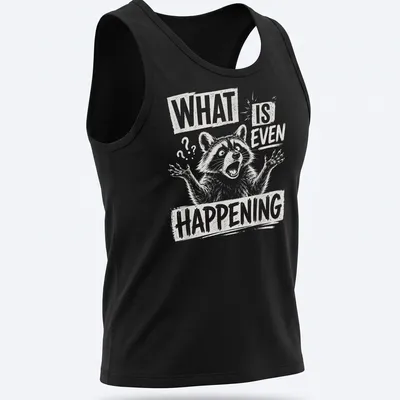Sketch style T-shirt featuring a confused raccoon with humorous text — printed on a tank top
