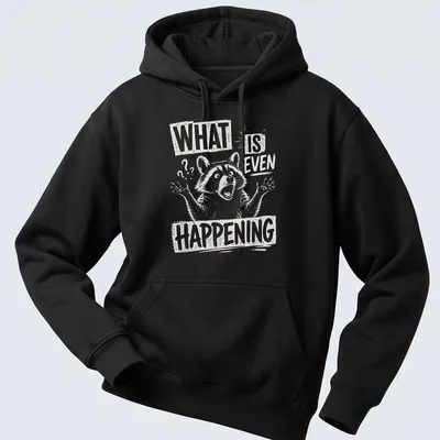 Sketch style T-shirt featuring a confused raccoon with humorous text — printed on a unisex hoodie