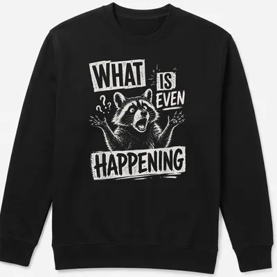Sketch style T-shirt featuring a confused raccoon with humorous text — printed on a unisex sweatshirt
