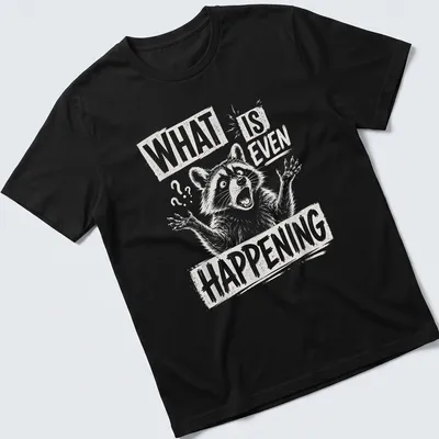 Sketch style T-shirt featuring a confused raccoon with humorous text — printed on a unisex t-shirt