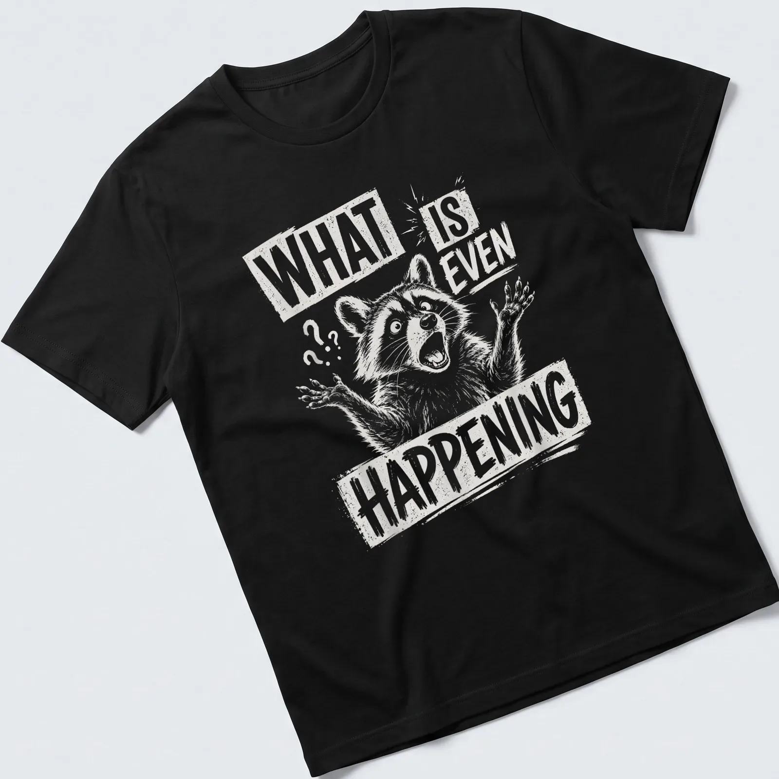 Sketch style T-shirt featuring a confused raccoon with humorous text — printed on a unisex t-shirt
