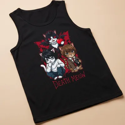 Kawaii style t-shirt with a slogan 'Death Meow' and illustrated cool cat characters — printed on a tank top