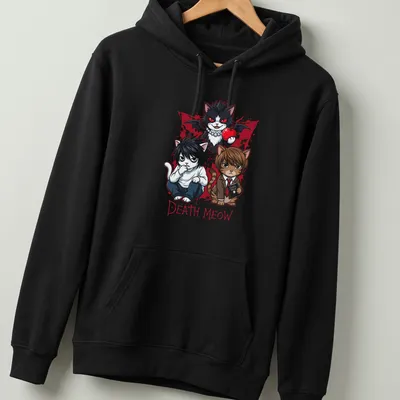 Kawaii style t-shirt with a slogan 'Death Meow' and illustrated cool cat characters — printed on a unisex hoodie