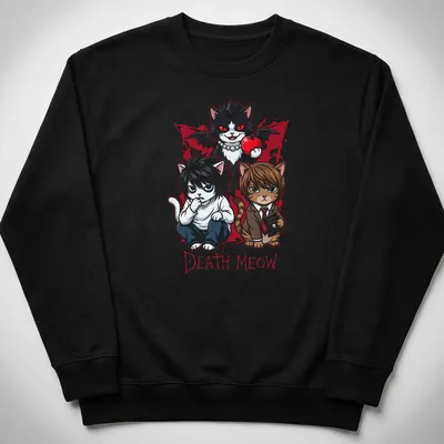 Kawaii style t-shirt with a slogan 'Death Meow' and illustrated cool cat characters — printed on a unisex sweatshirt
