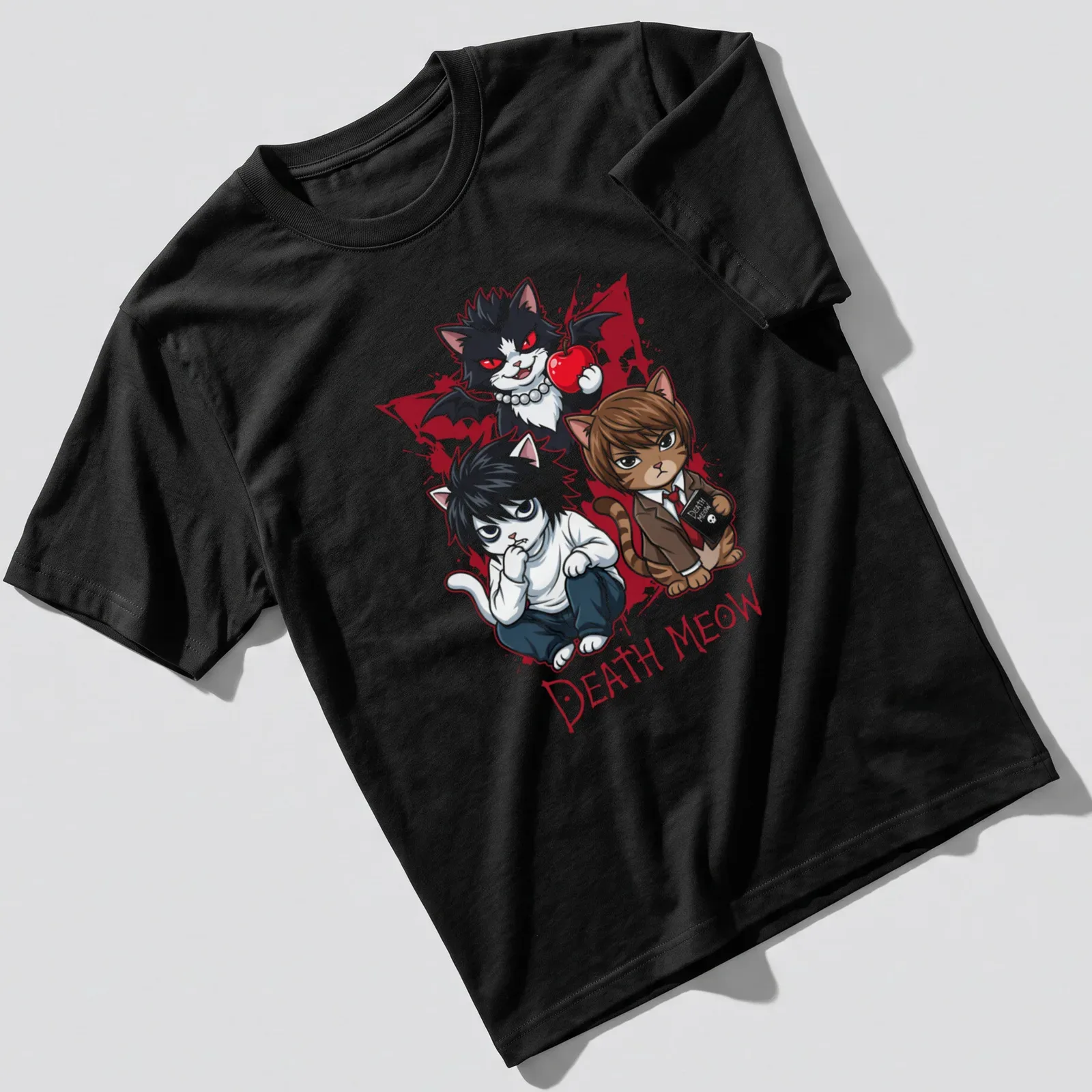 Kawaii style t-shirt with a slogan 'Death Meow' and illustrated cool cat characters — printed on a unisex t-shirt