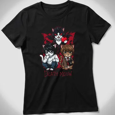 Kawaii style t-shirt with a slogan 'Death Meow' and illustrated cool cat characters — printed on a women's shirt