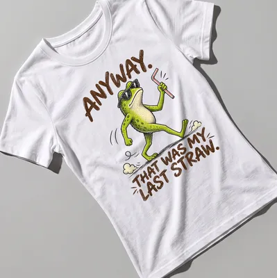 Cool cartoon frog t-shirt featuring humorous text about frustration — printed on a women's shirt