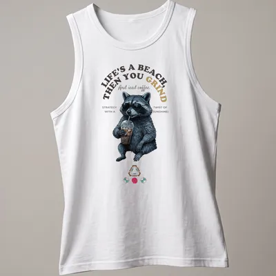 Realistic print of a raccoon enjoying iced coffee with humorous text. — printed on a tank top