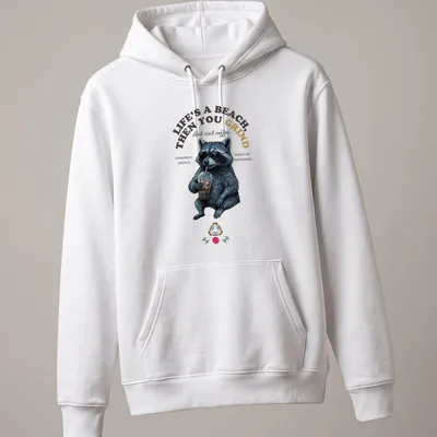 Realistic print of a raccoon enjoying iced coffee with humorous text. — printed on a unisex hoodie